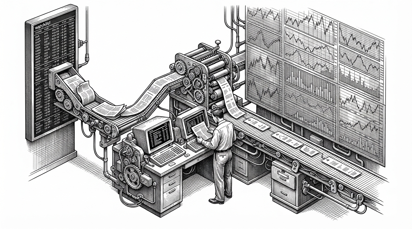 A wide market desk where a watchlist panel feeds newspaper clippings into a scoring machine, and the resulting sentiment strips slide into a price chart wall. The scene explains how alphaStream turns relevant news into a live signal stream instead of a static dashboard.