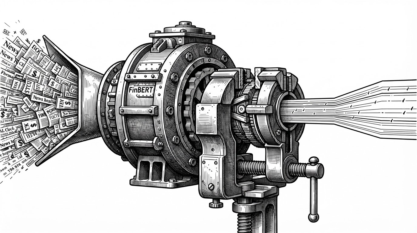 A close-up of a large generic model being compressed by a mechanical vise labeled LoRA, with headlines entering one side and a tighter sentiment signal exiting the other. The image explains how alphaStream specializes a finance model without full-model fine-tuning.