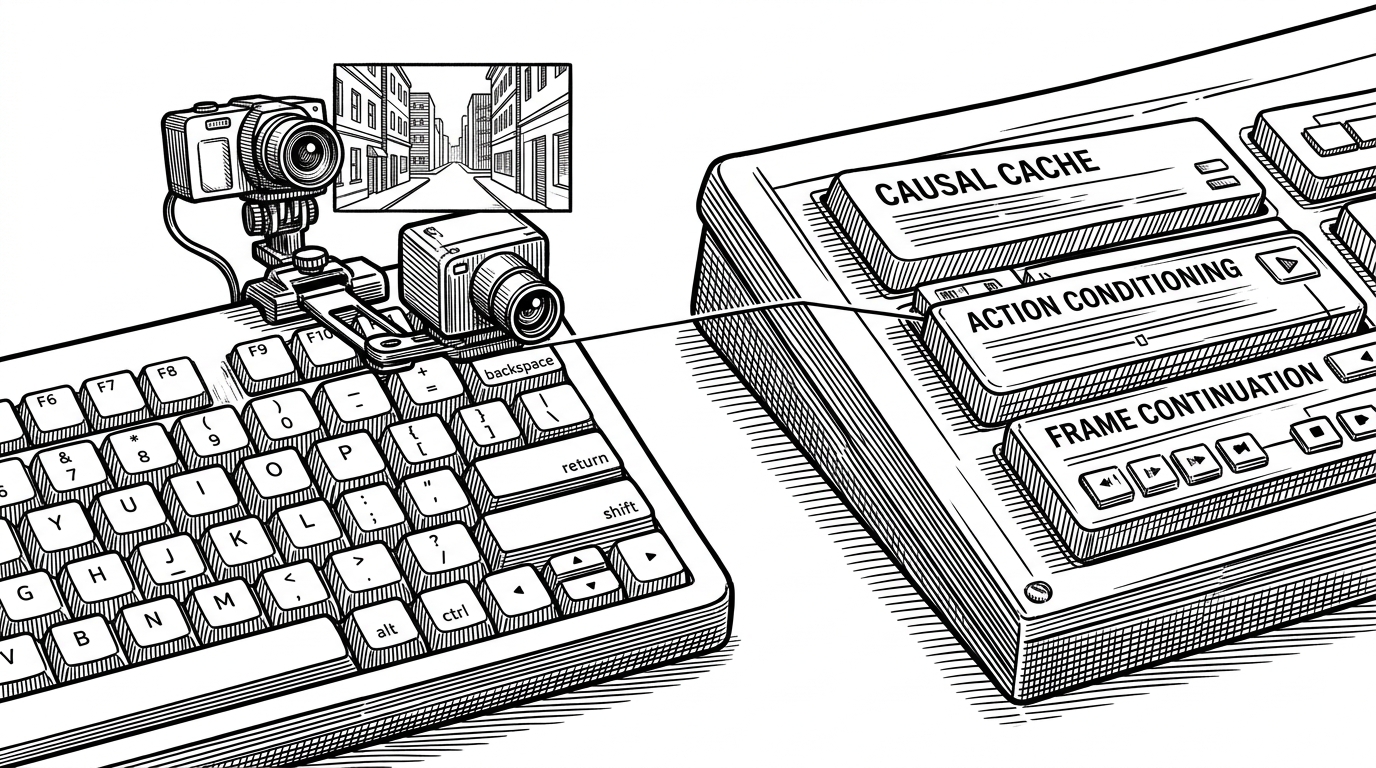 A close-up of two adjacent control surfaces. On the left, a keyboard and camera rig steer a character through a generated street. On the right, a technical board maps causal cache layers, action conditioning, and frame continuation, with a thin line linking the controls to the evolving scene. The image explains that this repo is about live control, not just text-to-video.