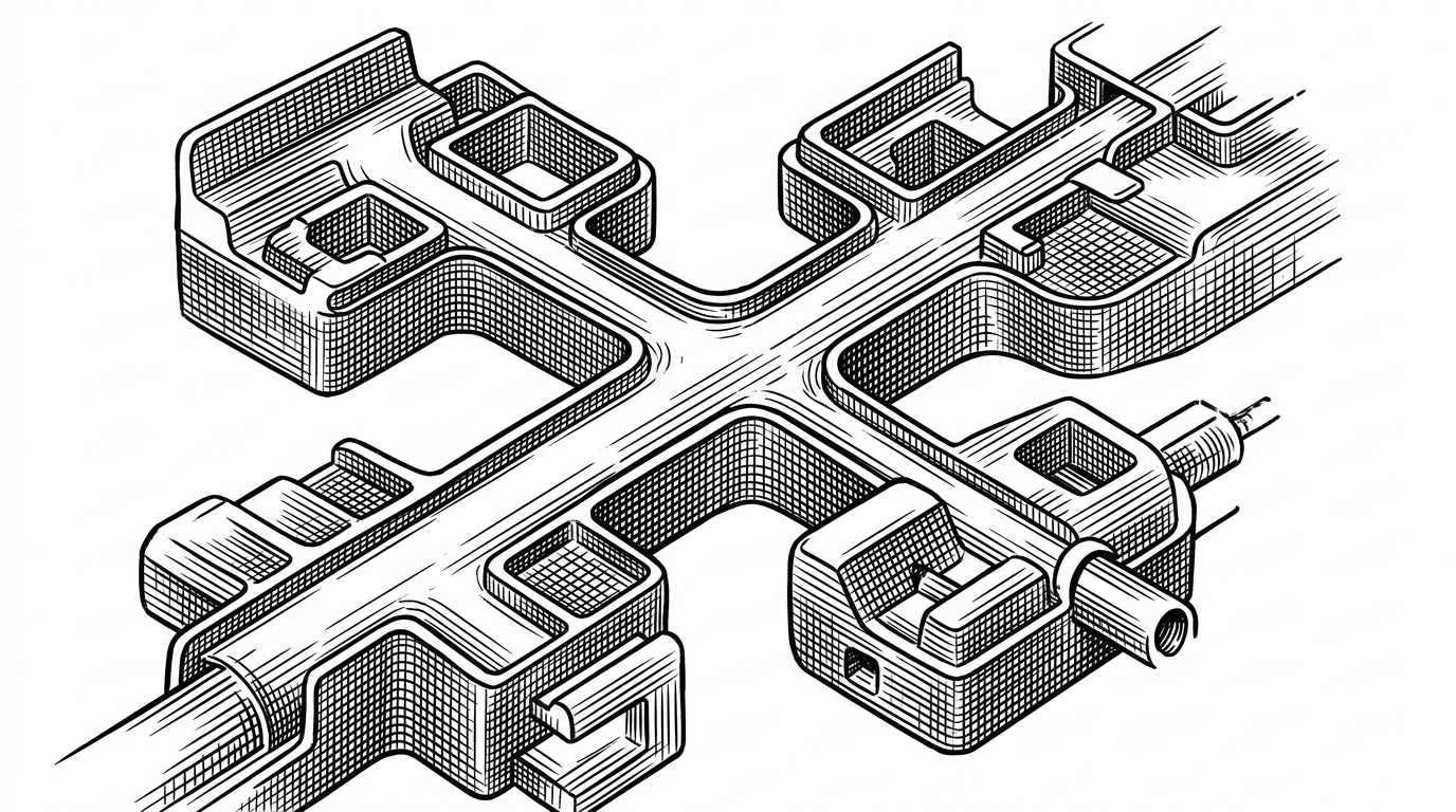 A close-up cross section shows a hand-drawn control console splitting one native game client into layered subsystems. On one side are memory pointers and offset markers. On the other side are modular feature blocks for chat commands, UI popups, and config updates, all fed by the same runtime spine. It explains how one hook can coordinate many features.