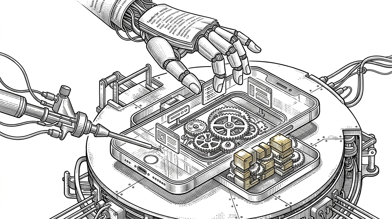 A wide editorial scene shows a mobile game client as a mechanical stage being controlled from outside by a scripted hand. Thin probes enter the client shell, while the internal gears of the game loop, UI panels, and memory blocks stay visible beneath the surface. It explains the article’s core idea: the client is not replaced, it is steered in place at runtime.