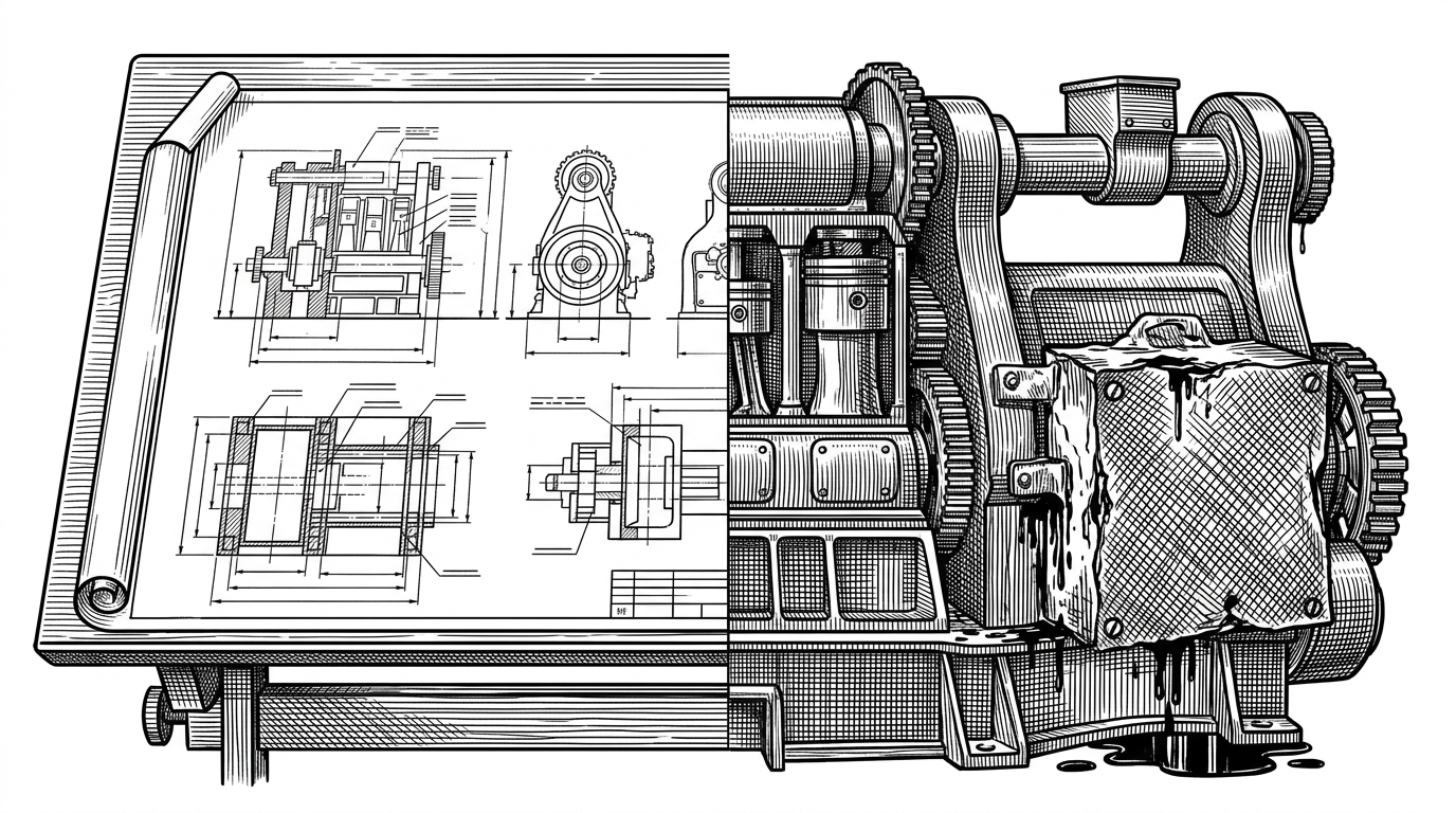 A split composition showing clean architectural blueprints on the left and a physical machine with a parasitic black box bolted to it on the right.