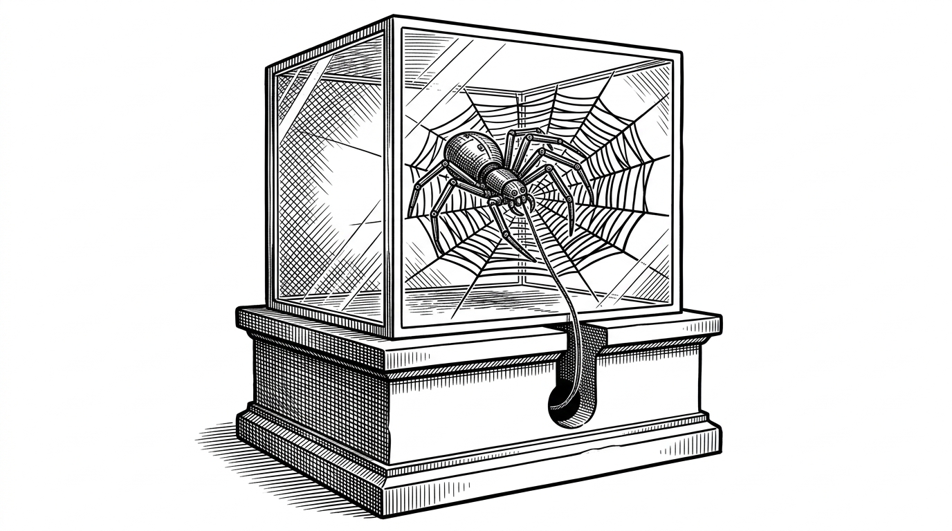 A glass vault containing a mechanical spider spinning a web that routes a single thread down through a hidden hole in the pedestal.
