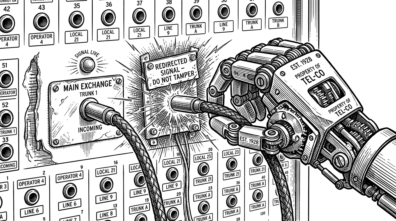 A close-up of a vintage telephone switchboard where a robotic hand is moving a patch cable from one socket to another.