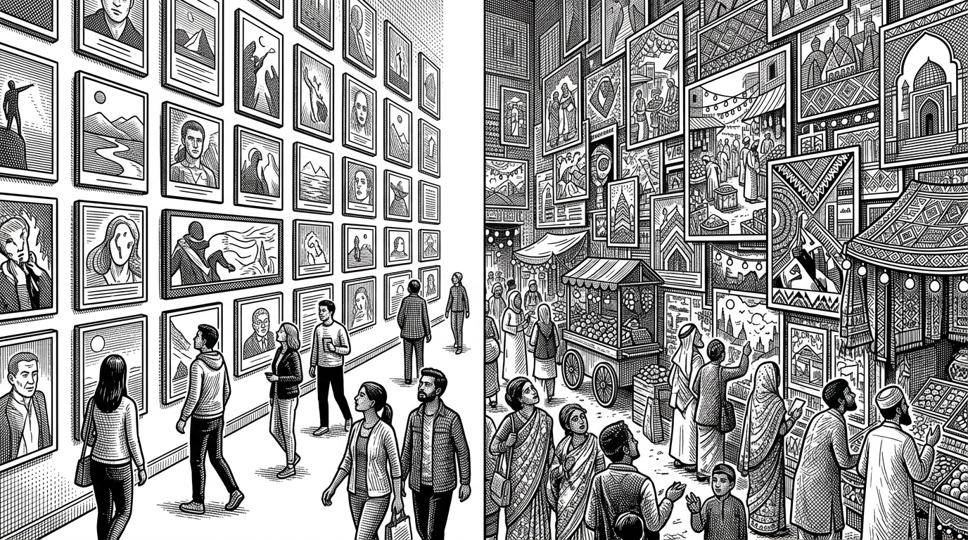 A cinema lobby scene is split into two adjacent poster walls. One side feels like a global streaming foyer with clean rectangular cards, while the other side feels more regionally grounded, with denser poster stacks and a busier, more local visual cadence. It explains that localization here is about content choices as much as language.