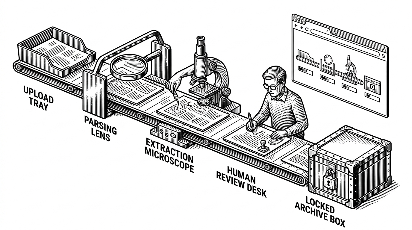 A document moves through a sequence of processing stations while a browser panel shows its status changing in real time. The scene explains that the project is not just a background job runner, but a system that keeps the user informed as work advances.