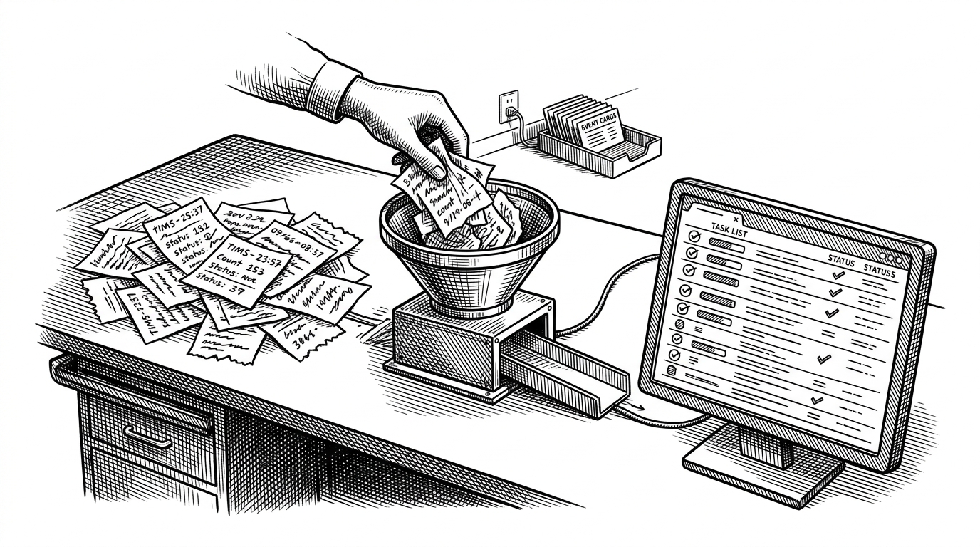 A wide editorial scene of messy task slips feeding into a narrowing mechanical funnel, then emerging as a clean task dashboard on a terminal screen. The image explains how the app turns inconsistent input into a stable canonical UI while live updates continue to flow.