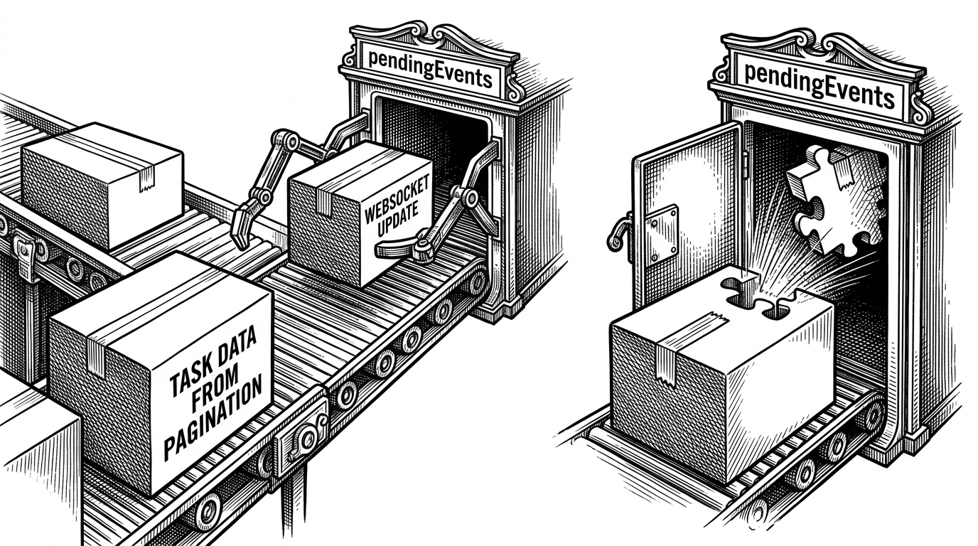 A close-up mechanical study of two incoming boxes on a conveyor belt, one marked as a WebSocket update and the other as a task record from pagination. The update is held in a transparent buffer chamber until the task arrives, then snaps into place on the canonical record. The image explains how the app preserves correctness when events arrive before their data.