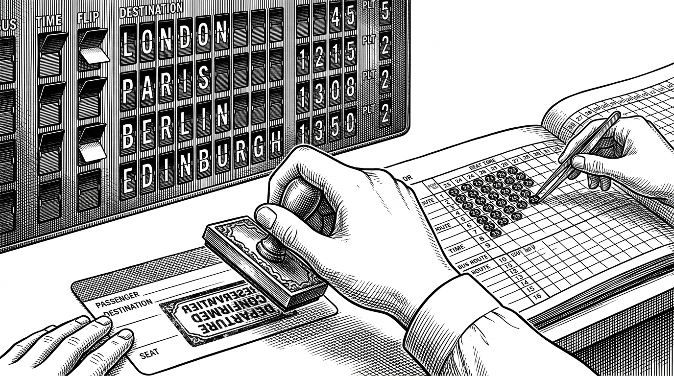 A stylized bus ticket counter scene with a clerk-like hand stamping a reservation card, a split-flap departure board in the background, and numbered seat tokens being slotted into a ledger grid. It explains that RouteRiders pairs physical transit theater with seat-level booking discipline.