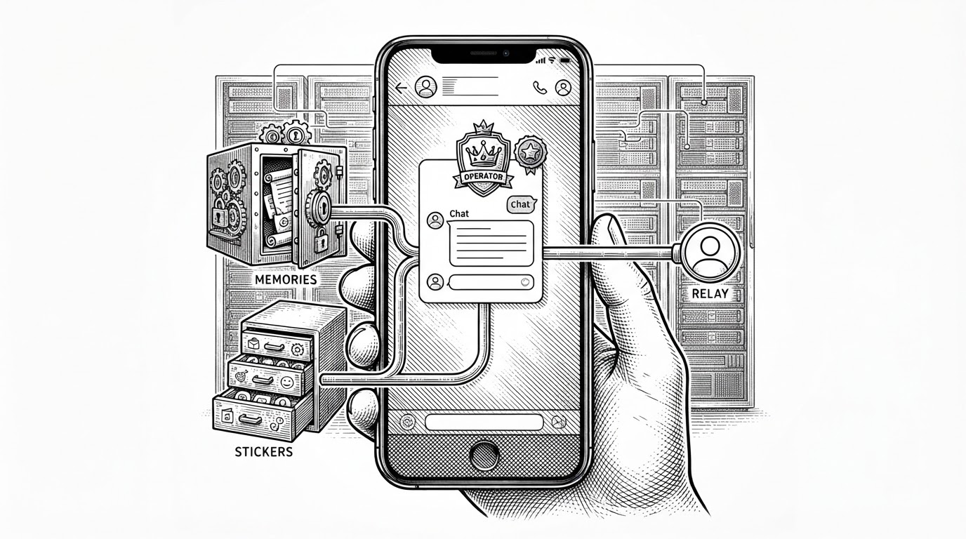 A WeChat phone screen is drawn like a command center, with one central chat persona branching into memory, stickers, and a relay line to another user. Behind it, server racks and lease lines hint that the persona is coordinated across multiple nodes, not running as a single bot script.