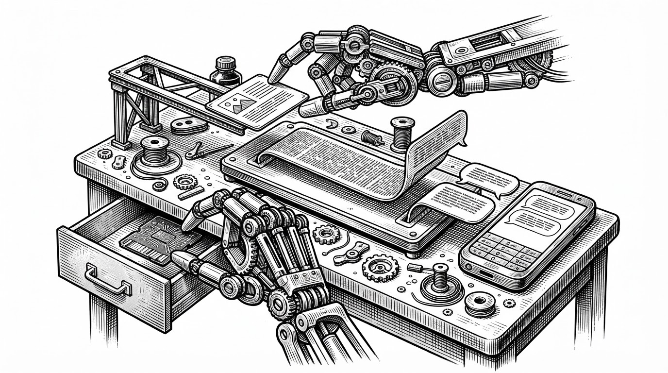 A close-up shows a message being assembled from layered parts: a memory card, an image caption, and a long response that is cut into three chat bubbles before it reaches a phone. The scene explains that the bot's personality is built as a pipeline, not as a single prompt.