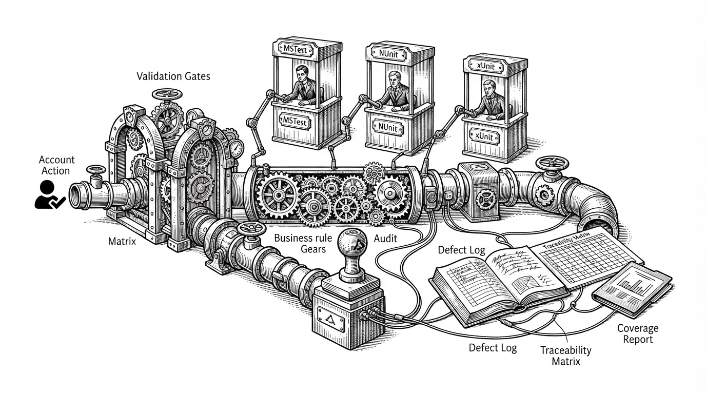 A mechanical pipeline sends one account action through validation gates, business rule gears, and an audit stamp station. Three parallel inspection booths labeled MSTest, NUnit, and xUnit watch different checkpoints, while defect log, traceability matrix, and coverage report sit at the end. It explains how one domain action is verified through several lenses.