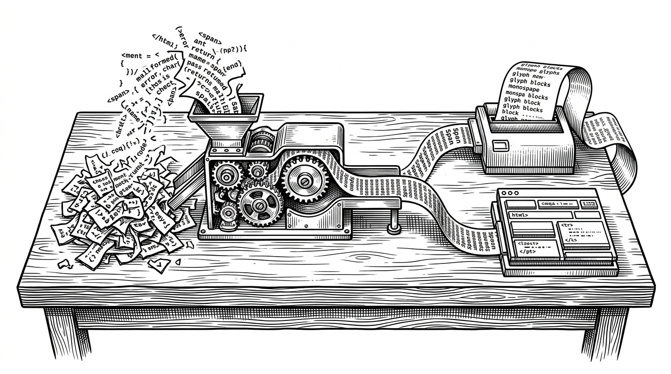 A broken code file enters a compact parsing machine on the left, then the same colored output leaves through two different finishers on the right: a terminal printer and a web page. In the center, a stream of span tokens keeps moving even as one part of the machine jams, showing that highlighting survives parser failure.