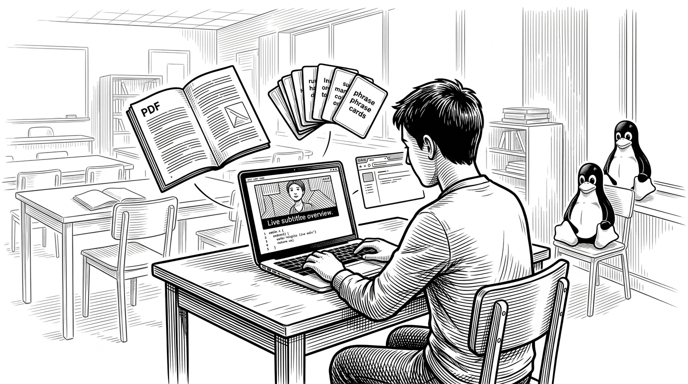 A student sits in a classroom with a laptop open to a live subtitle view. Around the screen are a PDF page, small phrase cards, and a compact translation toolset, all arranged like instruments on a desk. The scene explains that the app combines speech, document reading, and translation inside one browser-only workspace.