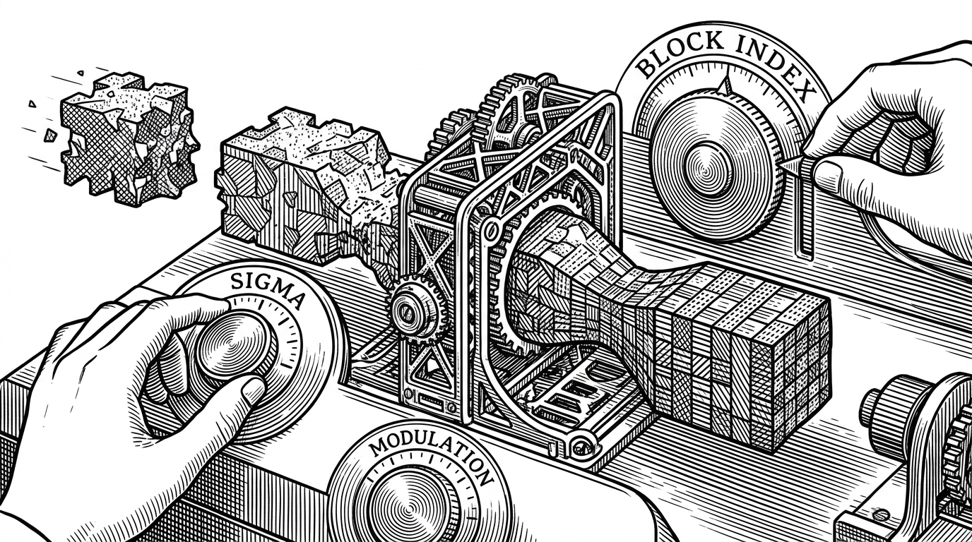A close-up workbench shows three dials labeled sigma, block index, and modulation. A noisy representation passes through a frame that changes shape as the sigma dial turns, while a hand adjusts the block boundary marker beside it.