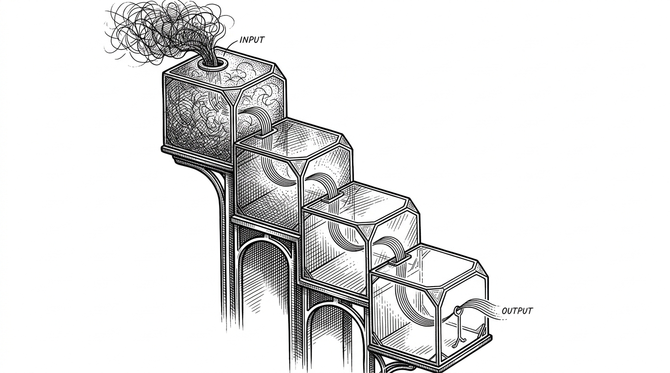 A tall Transformer stack is reimagined as a staircase of translucent chambers that start cloudy at the top and become clearer as they descend. A thin signal thread passes from chamber to chamber, showing how each block refines the representation while the haze fades.