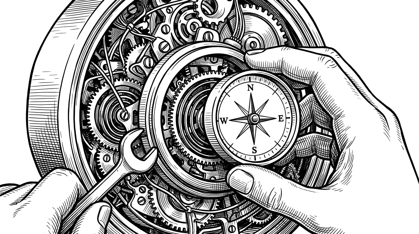 A close-up black-ink illustration of a hand removing a compass dial from a clockwork core while nearby gears keep turning. It shows how DroPE strips out positional structure but relies on recalibration to keep the model stable.