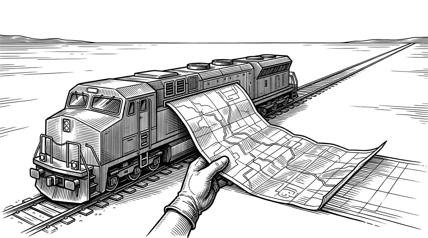 A wide black-ink editorial illustration of a transformer train crossing a blank white plain while a giant map is being peeled away from its side. It explains DroPE’s central move, removing positional embeddings after training so the same model can travel farther.