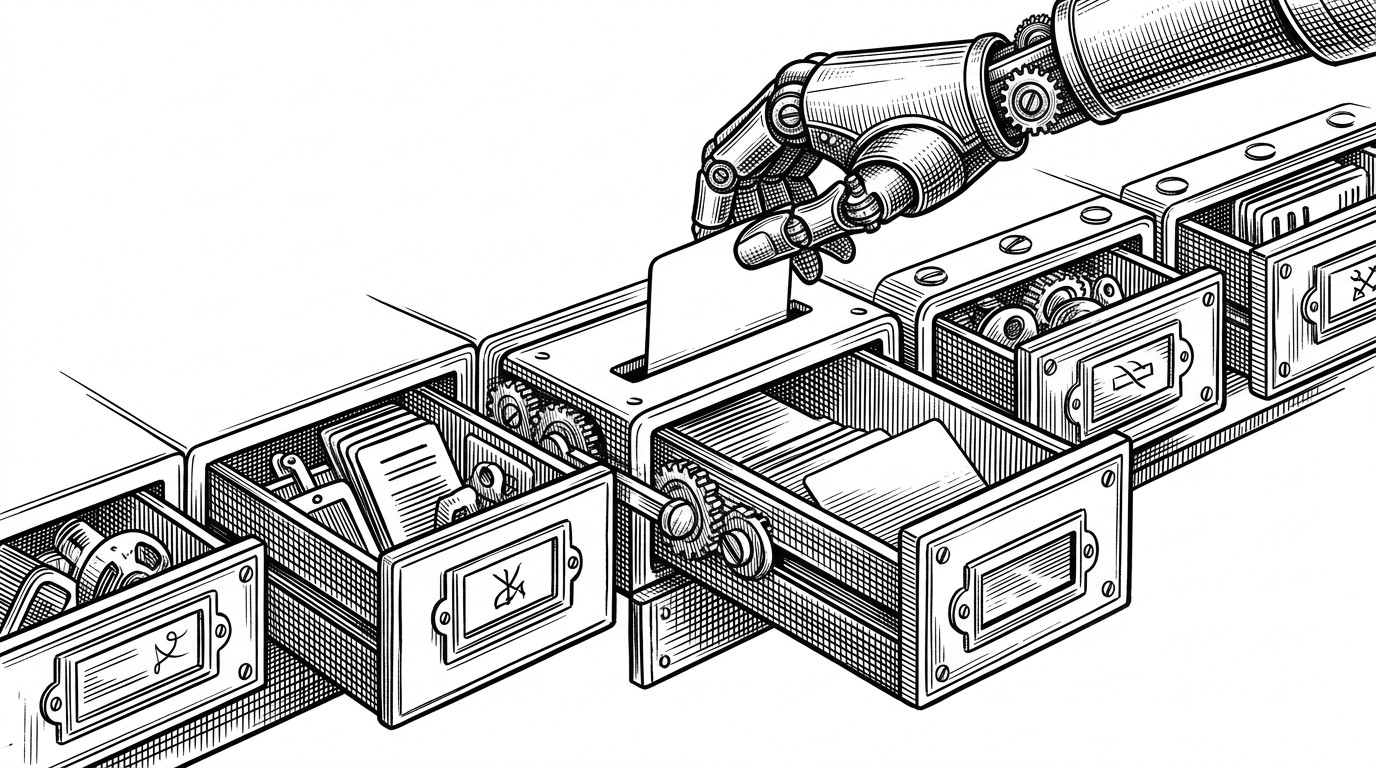 A close-up workbench shows several locked drawers, each holding different linguistic tools and symbolic pieces, while a mechanical hand drops one rule card into a slot that seals the next drawer open. It explains how IASC uses constraints to shape creativity instead of replacing it.