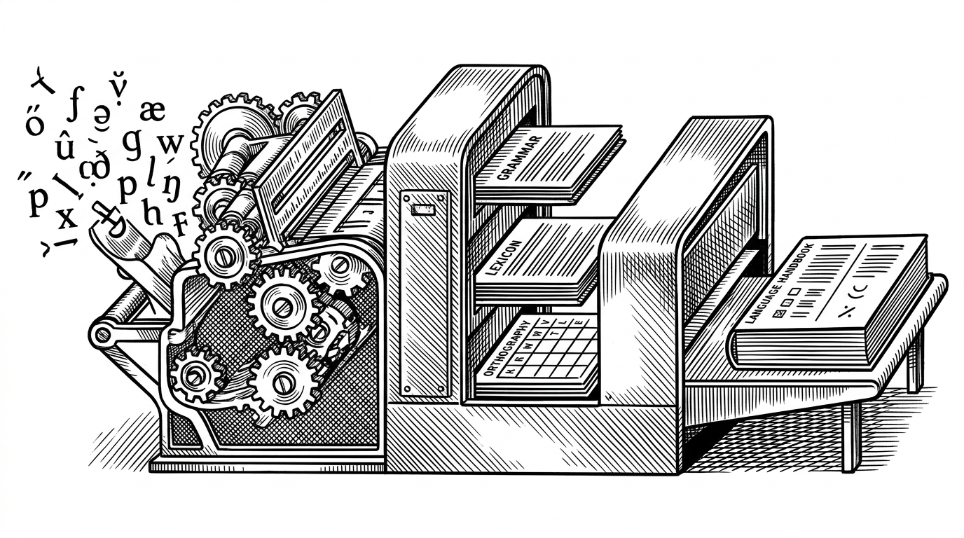 A wide editorial scene shows a mechanical language press turning raw phonetic symbols into a finished handbook, with sheets, gears, and symbol plates moving through a controlled machine. It explains the article's main idea: IASC treats language creation like a compiled artifact, where each stage produces an output the next stage must obey.