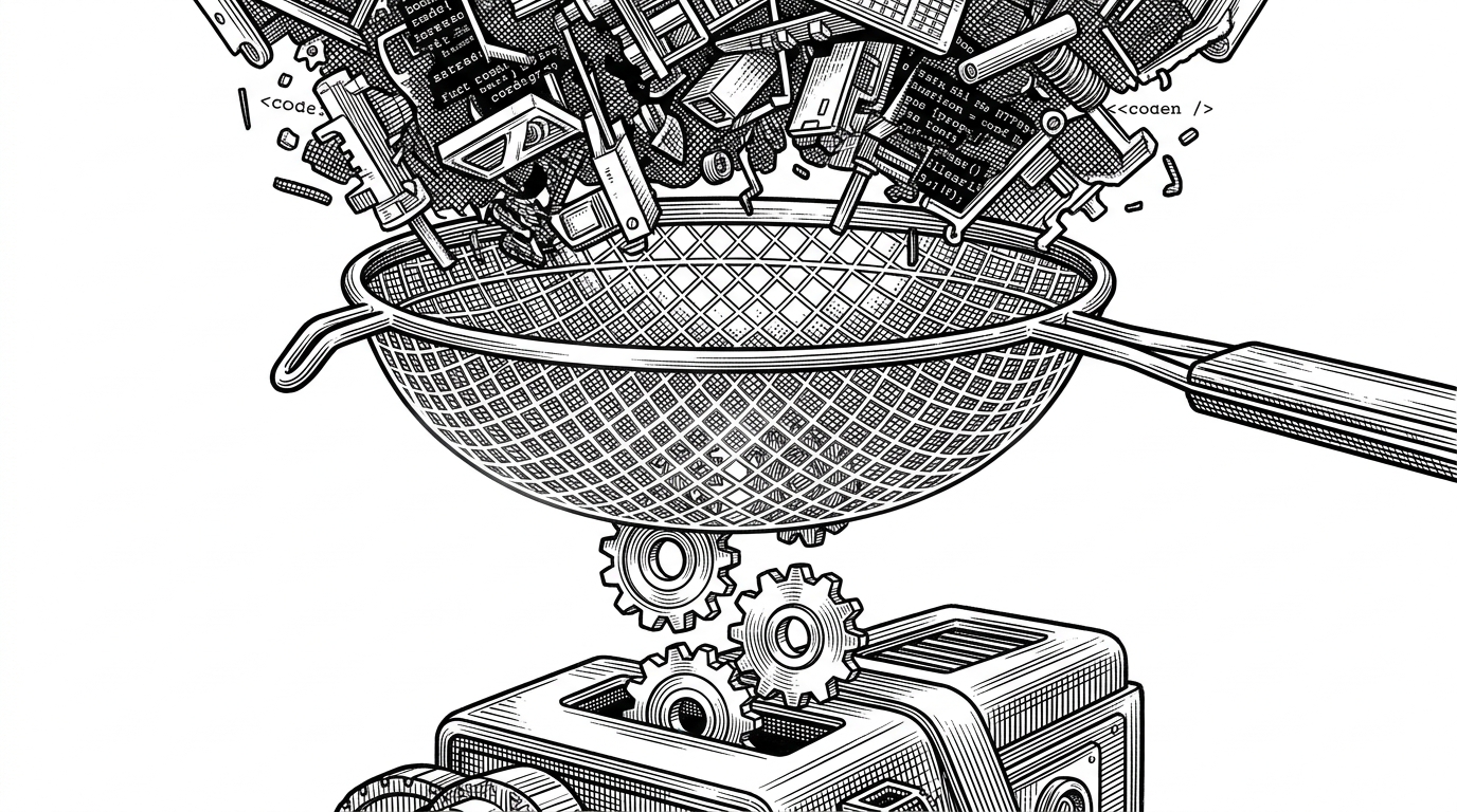 A giant sieve filtering a chaotic cloud of hardware parts and code snippets, allowing only polished crystalline gears to pass through. This illustrates the Novelty Judge filtering out redundant code mutations.
