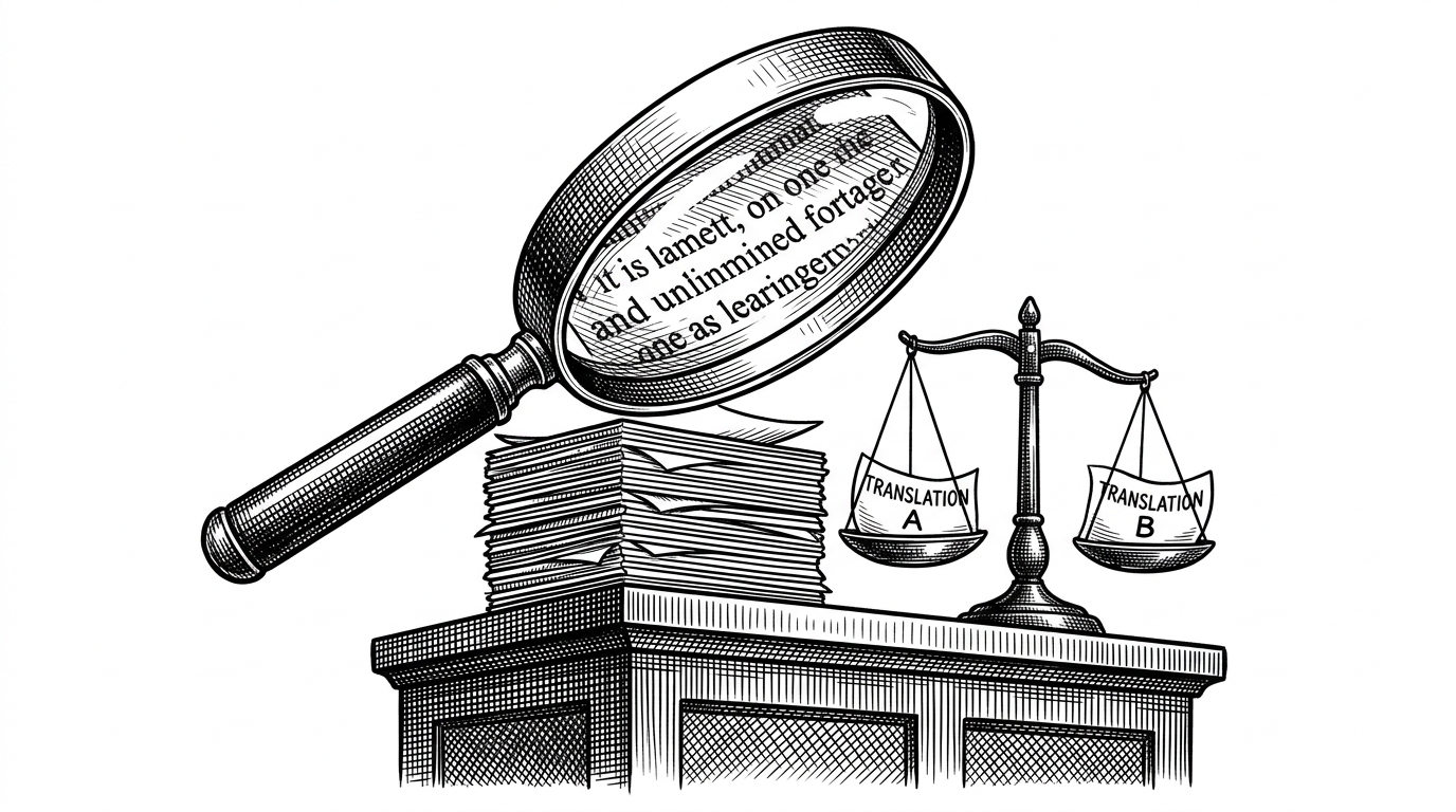 A judge's bench made of stacked translation cards faces a set of scales, while a magnifying glass inspects a sentence fragment. The scene explains TransEvalnia's premise: the model must inspect, explain, and then rank translations instead of emitting a bare score.