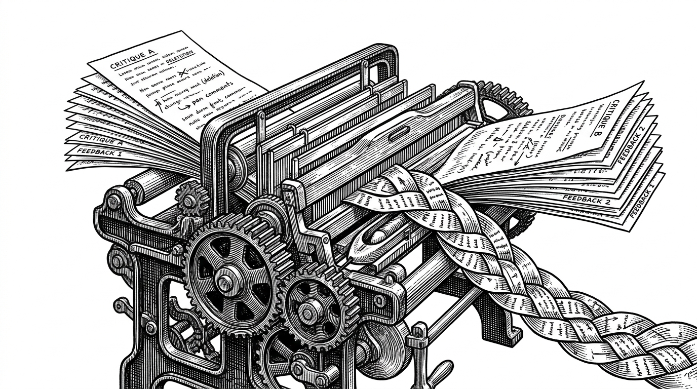 Two columns of translation critiques are fed through a loom and merged into one braided strip. The image explains interleaving, where separate evaluations are woven together so a ranker can compare them theme by theme.