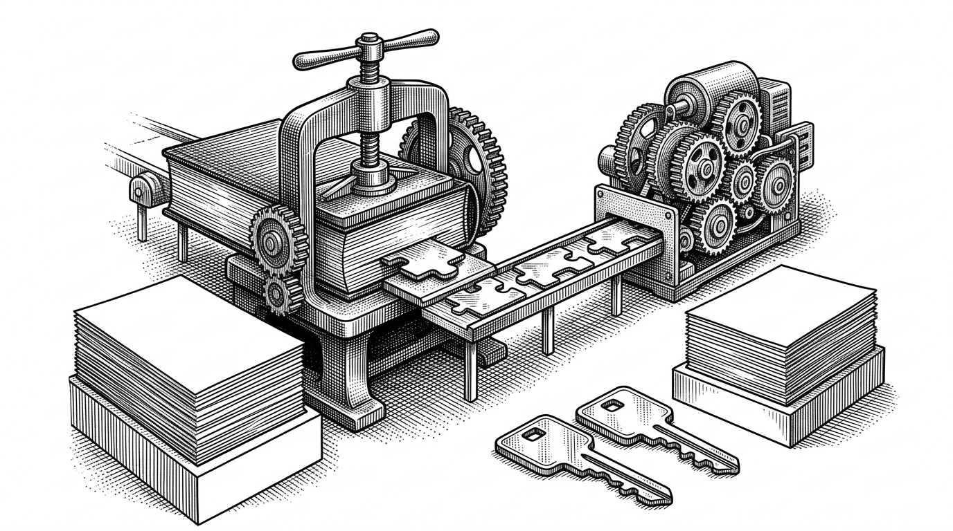 A massive technical manual is fed into a press that stamps a pair of thin metal adapter plates, which then slide into the back of a language model engine. A stack of prompt pages sits unused at the side. The image explains the article’s central idea: the model does not carry the whole document in its context window, it turns the document into weights it can use on demand.