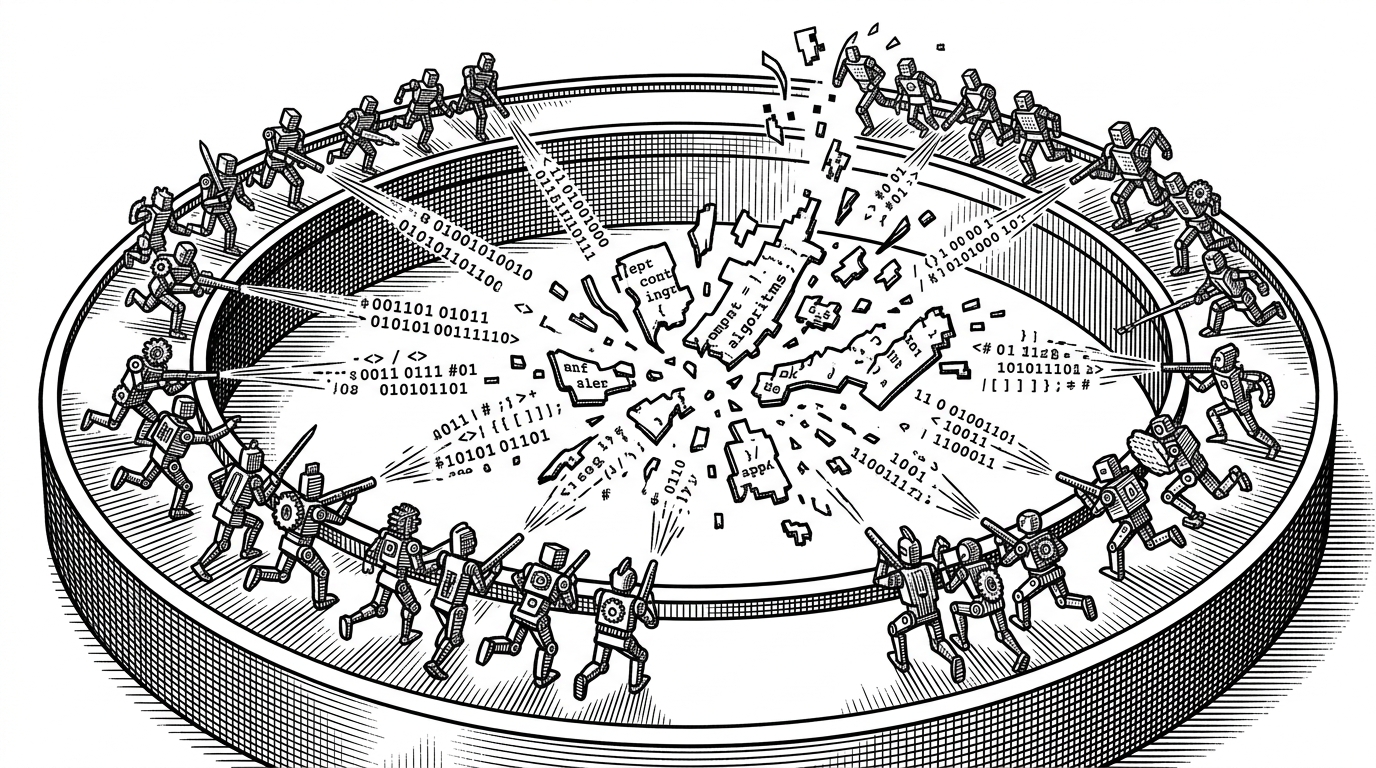 A circular arena of memory with tiny code warriors fighting across a ring. It shows how Digital Red Queen turns Core War into a moving battlefield where survival, not static accuracy, decides who stays in the game.