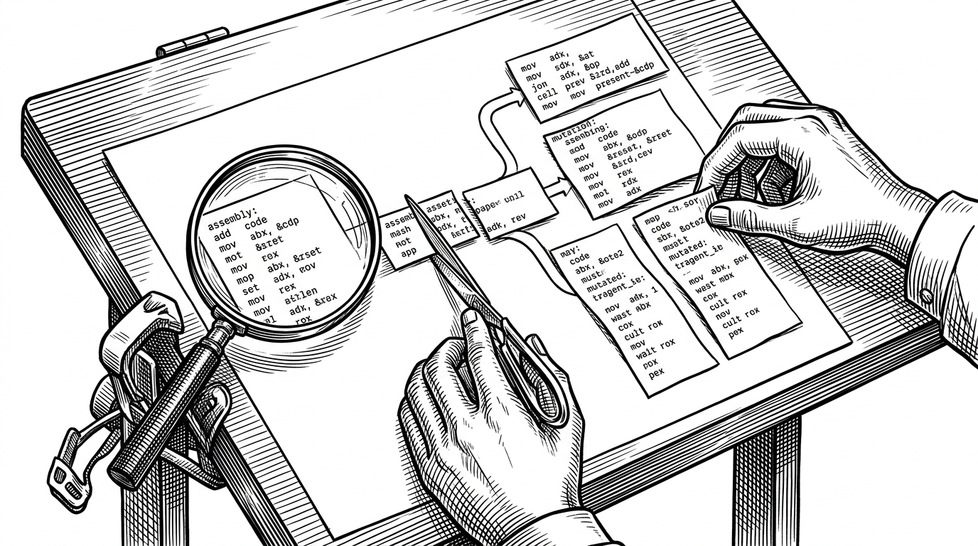 A close view of a Redcode program being cut, copied, and recombined on a drafting table. It explains how the LLM acts less like code autocomplete and more like a targeted mutator that preserves strategy while changing implementation.