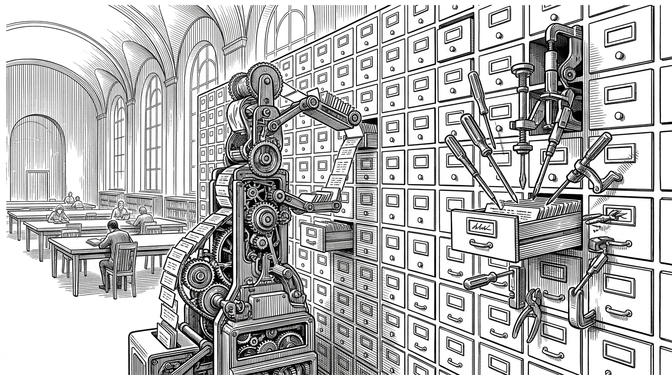 A wide editorial scene of a machine librarian reading a stream of tokens into a tall wall of memory drawers while several drawers tighten and loosen in place. It explains the article's central idea: FwPKM does not just retrieve stored values, it revises memory during the same forward pass.
