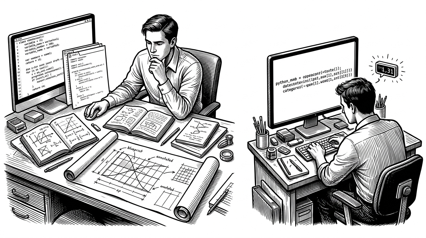 A split workspace shows two approaches side by side. The left side is spacious, with readable variables, comments, and a roomy solver notebook. The right side is cramped, with a one-line golfed program and a hovering byte counter. The image explains the trade-off between clarity and compression.