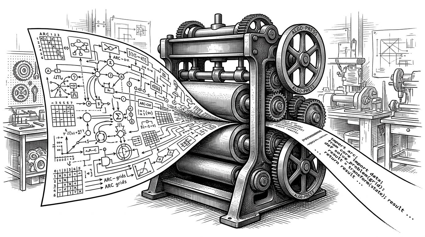 A massive mechanical press crushes a messy sheet of grid logic into a narrow strip of dense Python code. The scene explains the article's core idea: the repository treats reasoning as something that can be compressed without losing correctness.