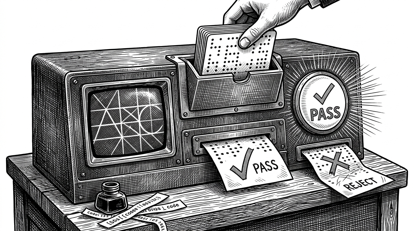 A judge console sits on a desk with an ARC grid on one side, a pass-fail light on the other, and a stack of punch-card-like solutions feeding into a slot from above. The image explains how the repository validates each attempt before it can move forward.