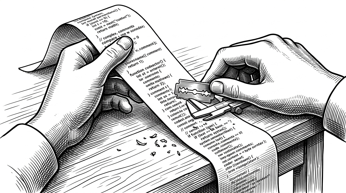 A close-up of hands trimming a page of code with a razor blade and calipers, while tiny black shavings fall away. The scene translates the minification step into a tactile act of removing every unnecessary character.