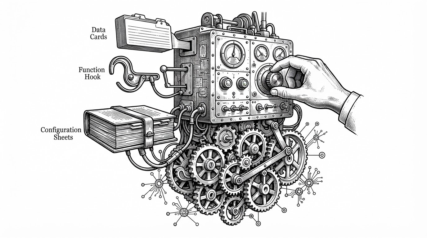 A wide editorial illustration of a control panel feeding a distributed engine. Separate channels for data, task logic, and configuration flow into a central cluster of gears and nodes, showing that the framework orchestrates training instead of replacing the backend. The image explains the project’s main idea: keep the distributed machinery intact, but make the control layer modular.