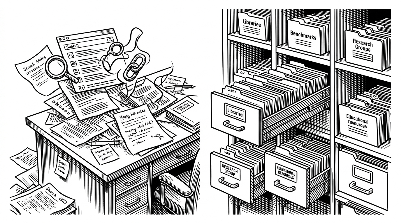 A split desk scene contrasts loose papers and search scraps on the left with a labeled archive on the right. It explains the difference between a noisy directory and a curated field map.