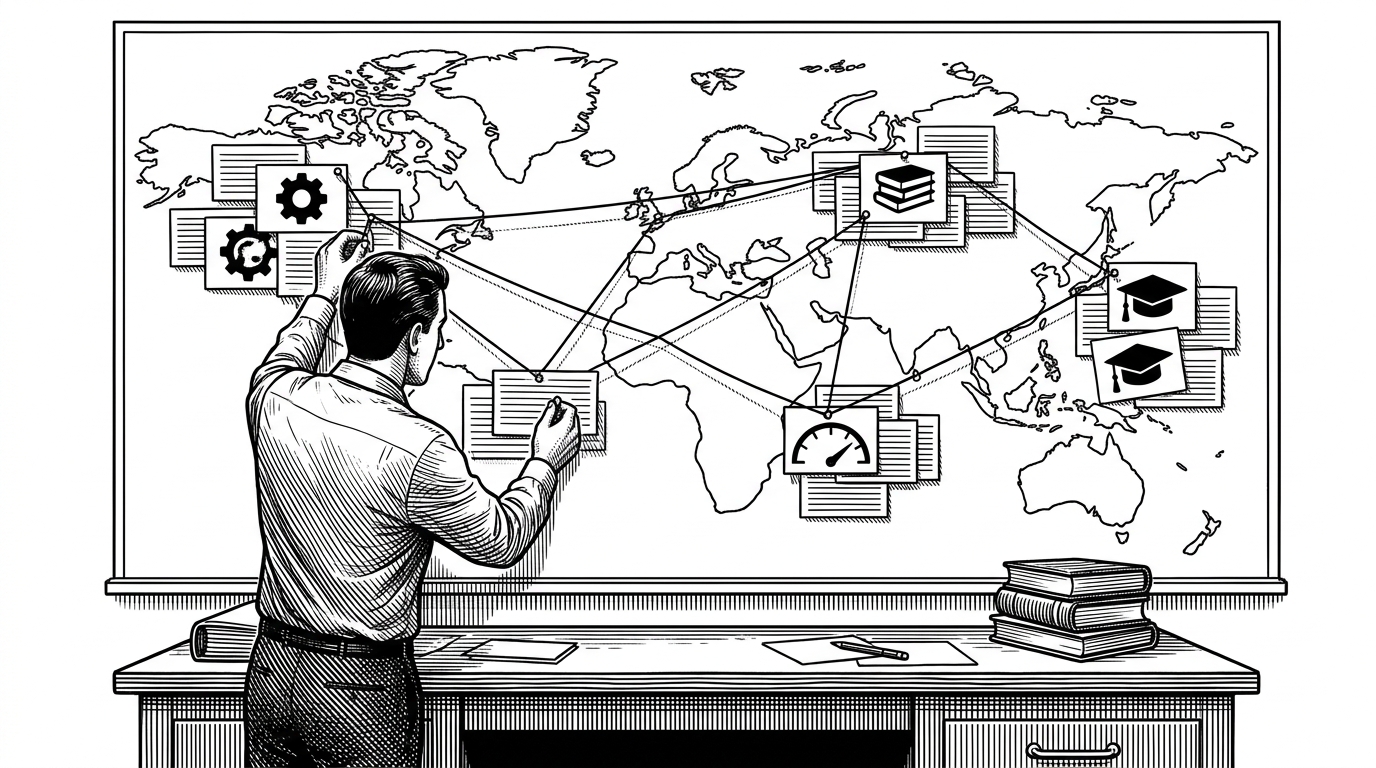 A wide desk scene shows a curator pinning cards for research groups, libraries, benchmarks, and education onto a wall map. It explains how a Markdown repo can act like a field directory and a lightweight knowledge graph at the same time.