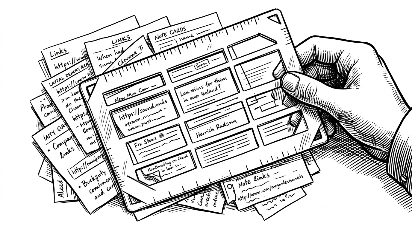 A close-up shows a hand using a paper template like a stencil over a messy pile of links and notes. It shows how a strict entry format turns raw resources into comparable records.
