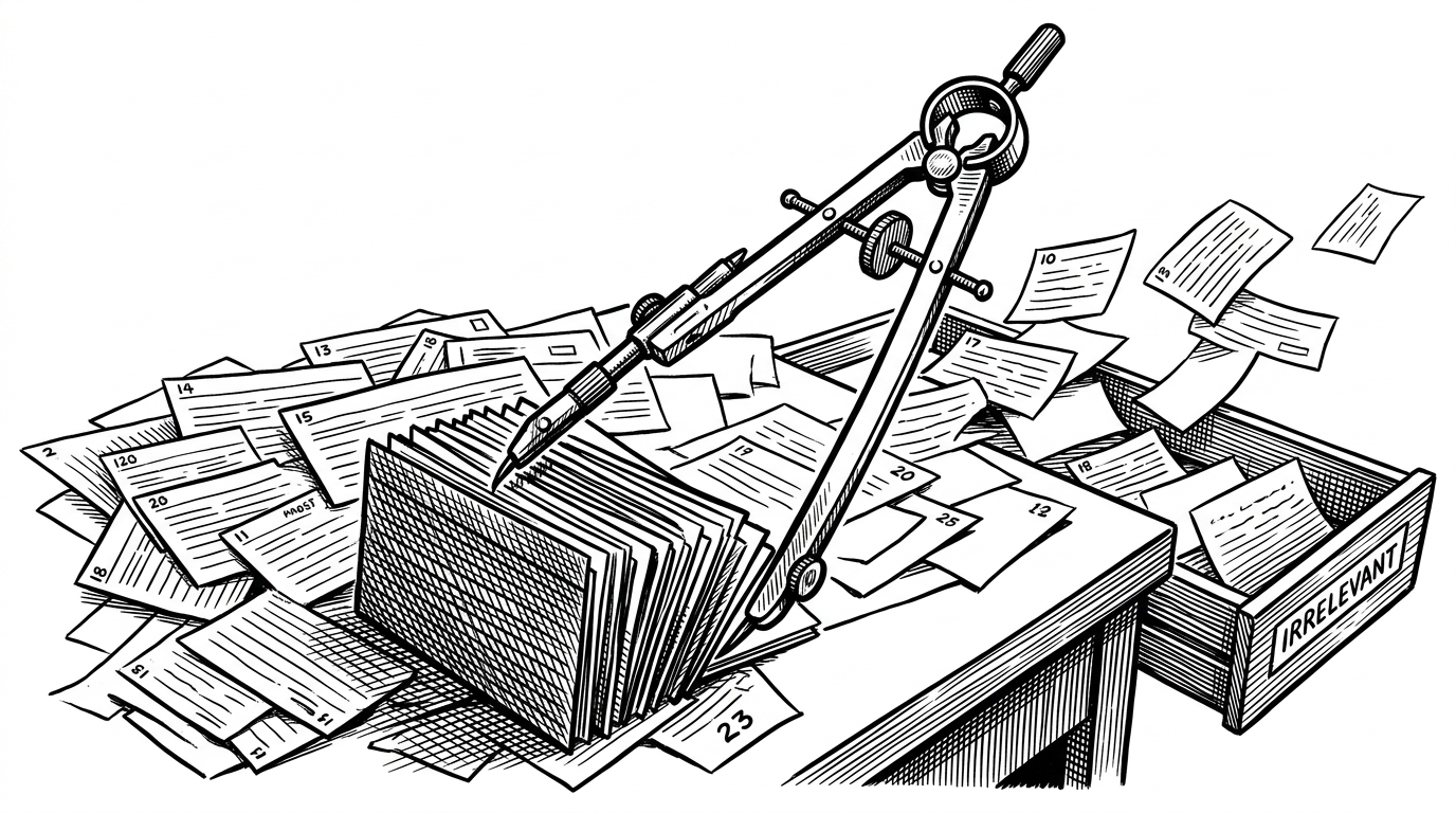 A chaotic stack of numbered index cards is being pulled into a tighter cluster by a drafting compass and a set of invisible rails. The scene explains RePo’s core idea: the model can reorganize context instead of accepting the input order as fixed.
