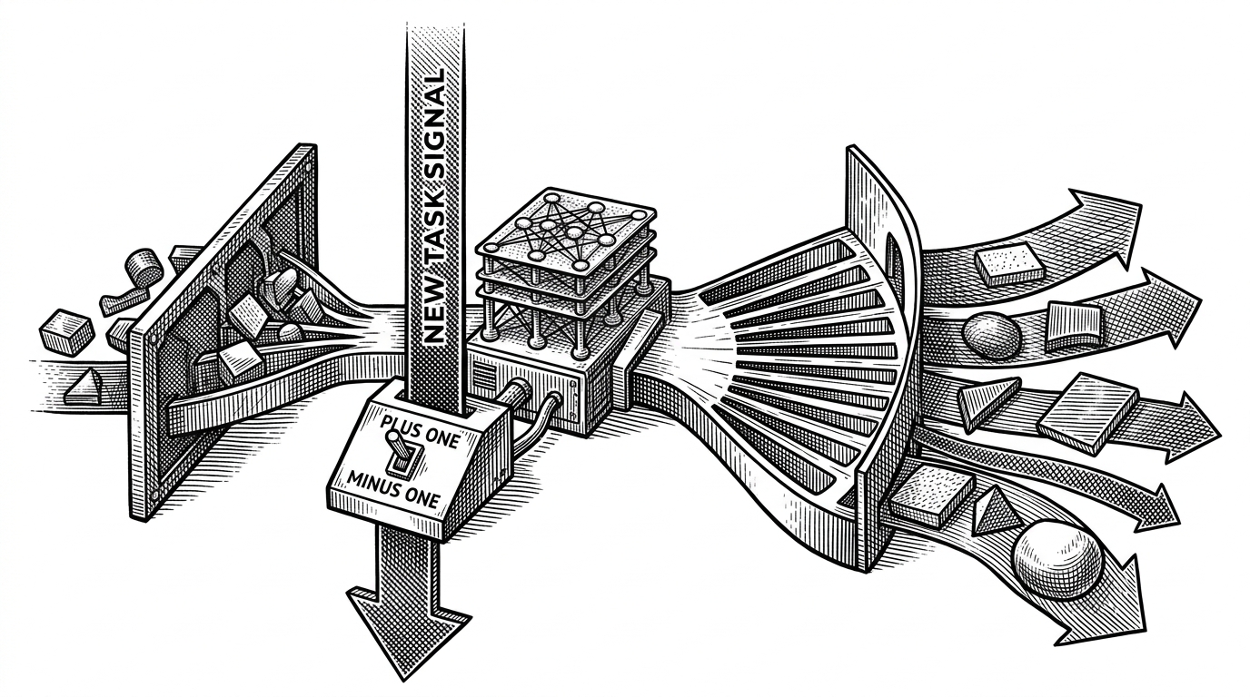 A wide editorial illustration showing a compact machine with a task switch, a split output head, and two paths for handling valid answers. The scene explains how one extra input bit can change whether the model collapses many valid labels into one narrow choice or preserves a broader distribution.