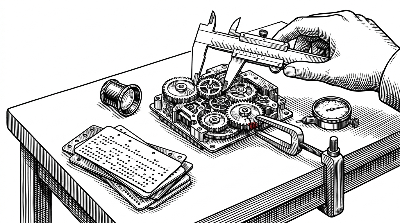 A meticulous workshop scene in black ink. A measuring caliper, a stack of varied input cards, and a clockwork GPU engine sit on a white table, with a crack in one gear being caught by a set of inspection tools before it can spread. It explains the article’s core idea: a benchmark that tests whether a kernel is truly general, not just tuned to one shape.