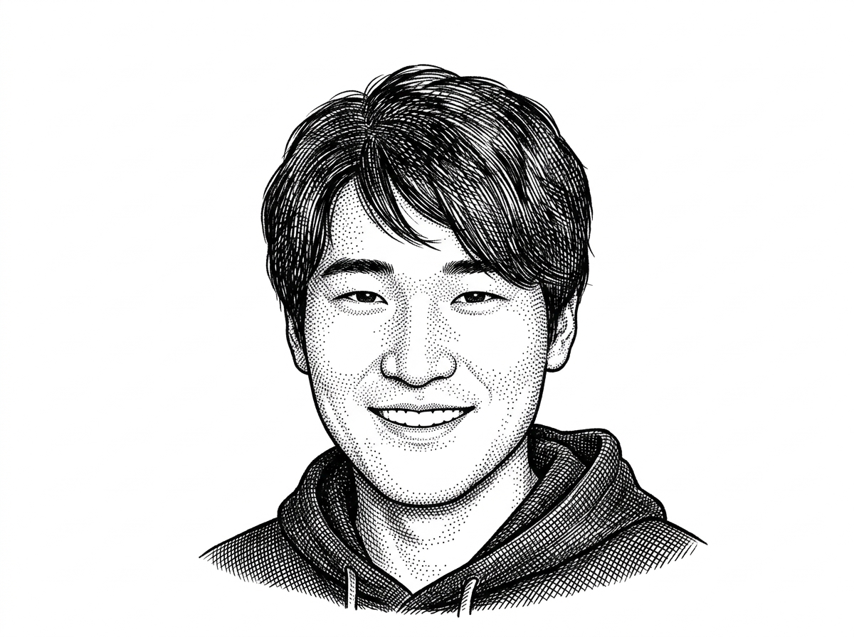 A hedcut-style portrait of Kuroki1931 rendered in black ink on white. It grounds the origin story in the main contributor visible in the repository history, rather than in an abstract organization name.
