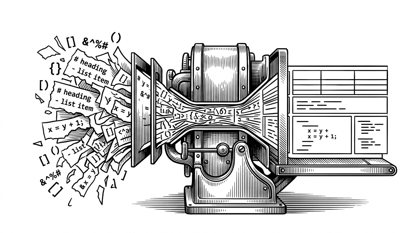 A close-up shows a tangled mass of malformed output, torn paper edges, stray brackets, and scattered markdown fragments being pressed through a narrow mechanical sorter. On the other side, the same material emerges as a clean structured record. The image explains Shachi’s two-step parsing fallback, which turns unreliable model output into schema-compliant data.