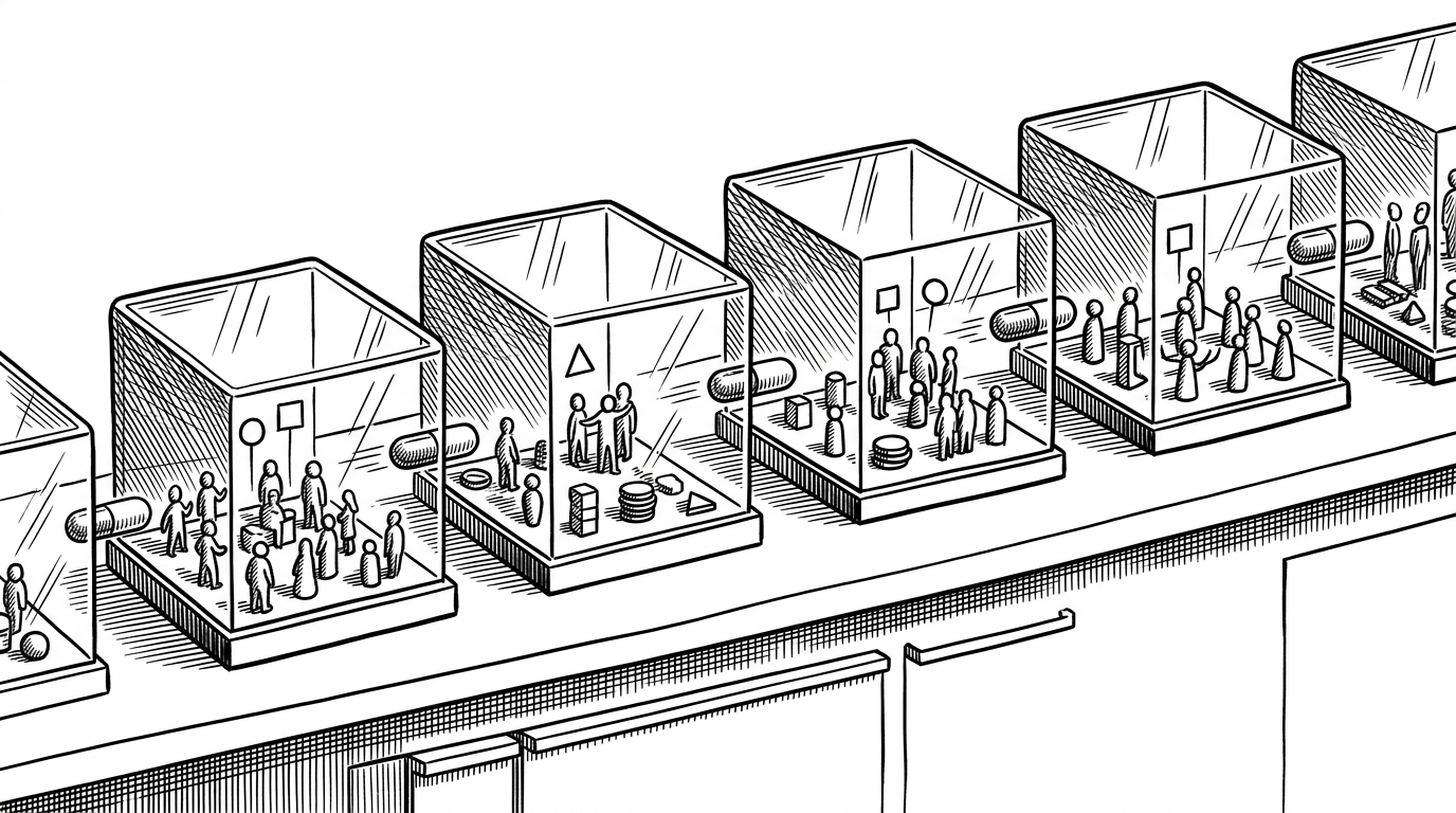 A white laboratory bench holds several transparent simulation chambers, each containing a tiny cluster of abstract figures and tokens. A small memory capsule moves from one chamber to the next, showing that something from one run can survive into the next experiment. The image explains that Shachi is designed for repeatable social simulations, not one-off chat demos.