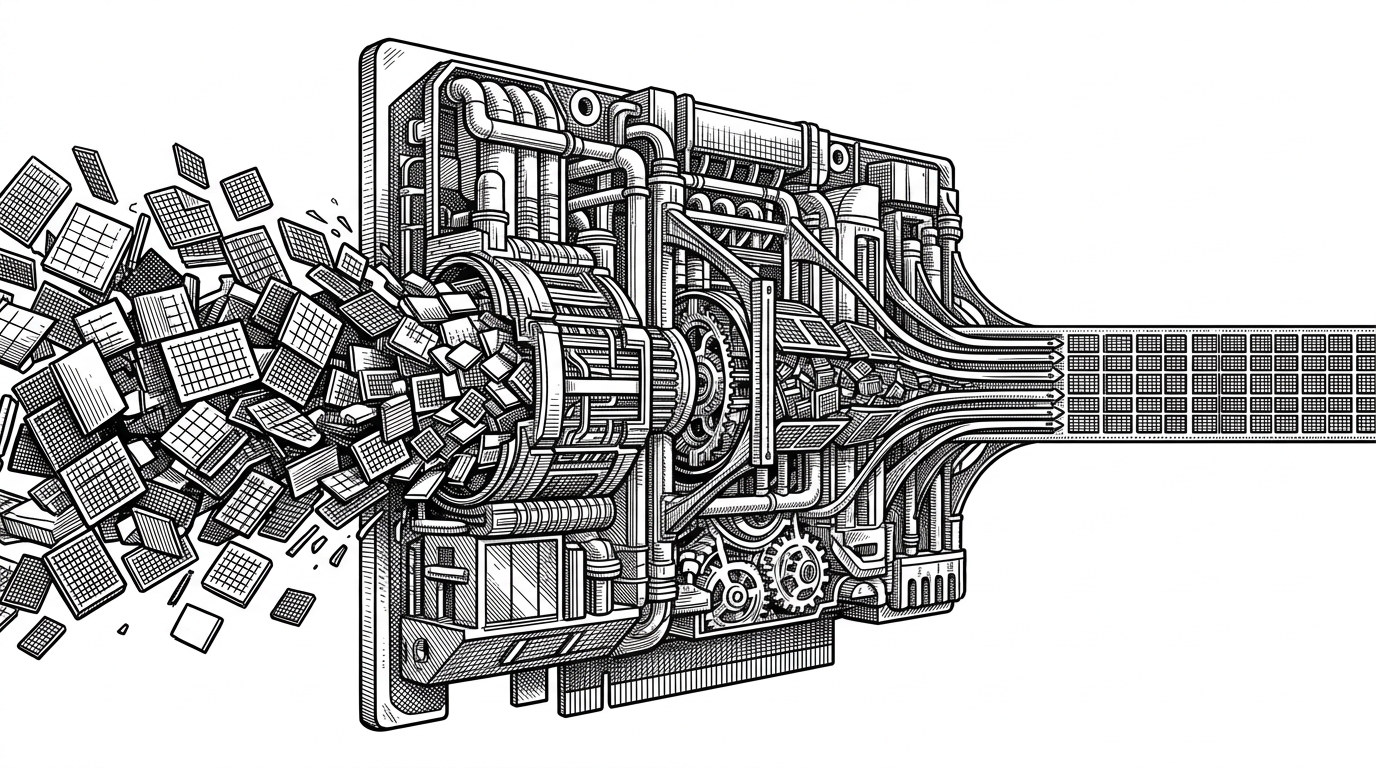 A massive GPU drawn like a cathedral of tiled chambers, with dense blocks entering one side and neatly packed sparse tiles exiting the other in aligned lanes. The image explains the repo’s core idea: sparsity only matters when the hardware can consume it without breaking the execution path.
