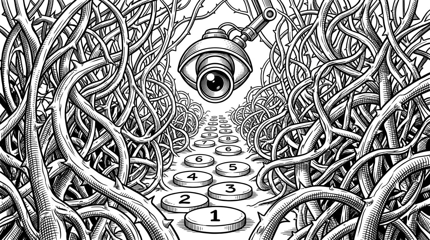 A mechanical eye scanning a clean pathway of numbered stepping stones through a chaotic forest of vines