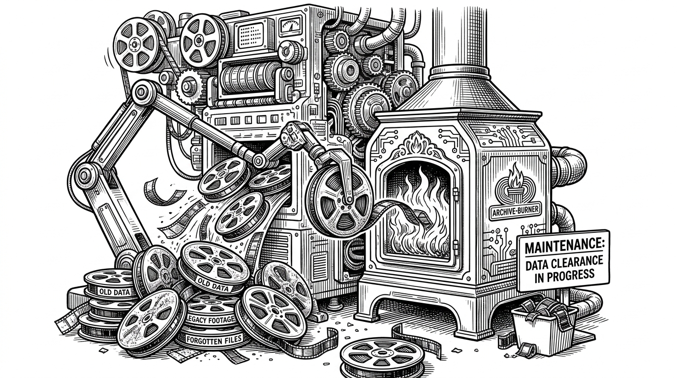 A mechanical arm feeding old film reels into a furnace attached to a data-crunching machine