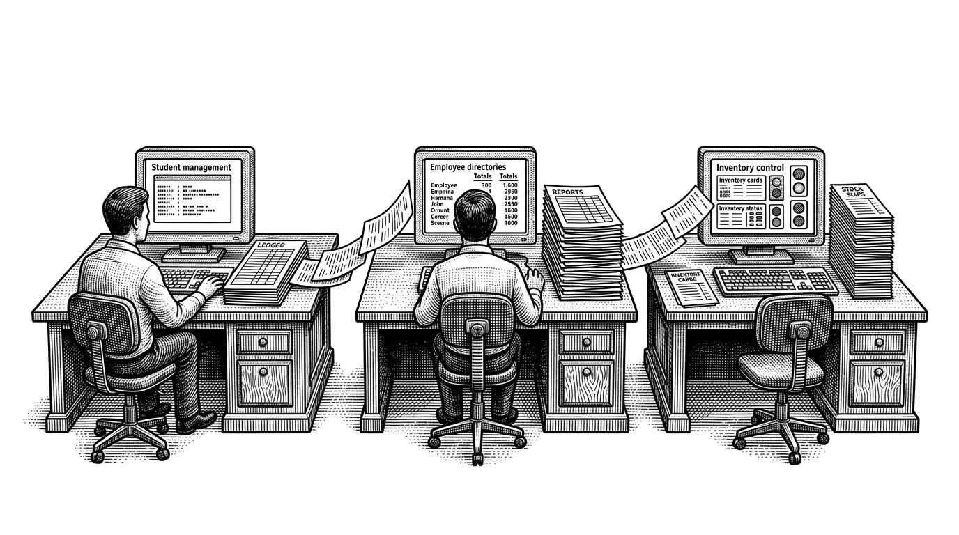 A white-background editorial illustration of three SAP workstations arranged in sequence on a long desk. The left station handles student entry, the middle one groups employee data into a report, and the right one shows inventory cards with red, yellow, and green status markers. It explains that the repository is a progression of complete ABAP learning loops, not isolated snippets.