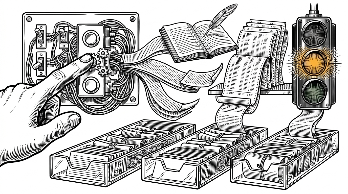 A close-up black-and-white editorial illustration of a SAP selection screen wired into a branching controller. A radio-button choice sends a path into a router, then into trays of internal tables, and finally into an ALV output panel. It explains how user intent becomes routed report logic and visible business output.